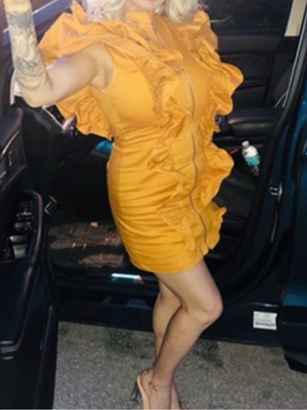 Bold Orange Ruffle Dress with Zipper - Picture 2 of 7